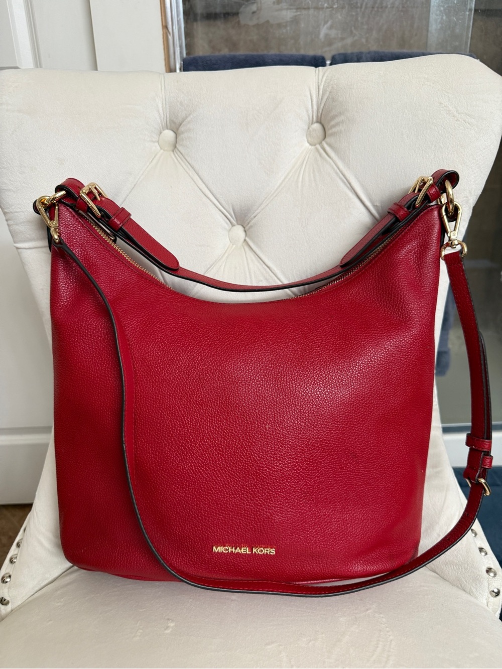 Michael Kors Lupita Red Leather Hobo Bag, Tag Attached, CLASSIC MK Gold Hardware